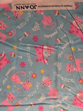 2 yard 8" piece Blue/Pink "Cat-ti-tude Pampered Puss" Cotton Fabric